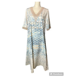 New Women's Midi Dress Size M in Blue and Orange Abstract Print Short Sleeve